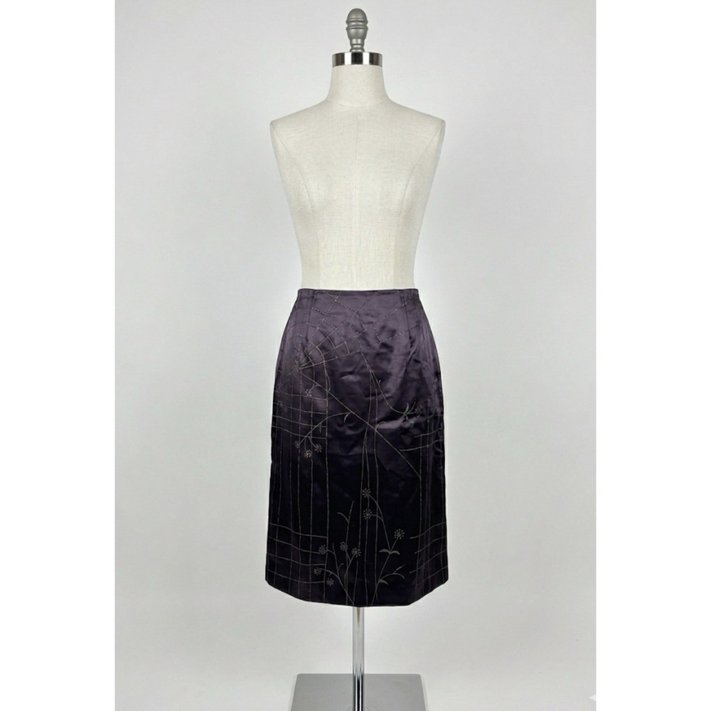 LAUREL Silk Skirt Sz 38 Goth Whimsy Spiderweb Dandelion Grid Metallic Silver